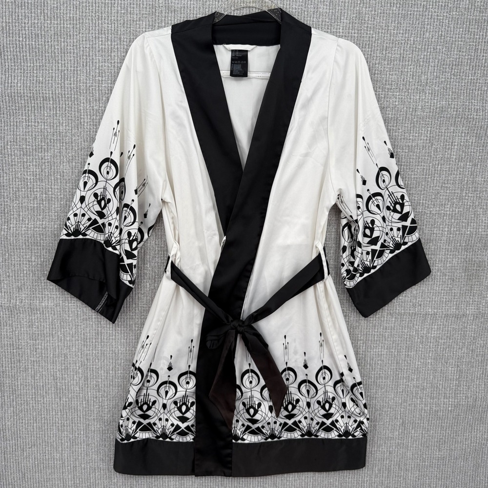 H&M Kimono Robe Black White Geometric Print Belted‎ XS Music Statement Boho Twee